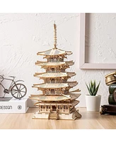 Robotime 3D Puzzles Wooden Model Diy Pagoda Mechancial Construction Creative Jigsaw Craft Kits Gift , Beige, 6.3"6.3"12.6"