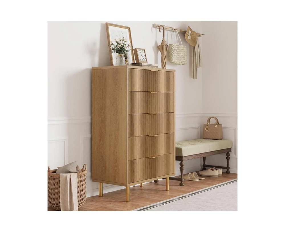 gaomon Natural Dresser, Modern 5 Drawer Dresser for Bedroom with Gold Handle and Large Drawer