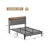 gaomon Queen Bed Frame with Charging Station, Led Bed Frame with Storage Headboard, Upholstered Platform Bed Frame Queen Size, No Box Spring Needed, E
