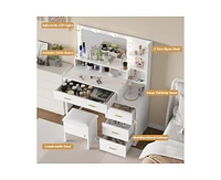 gaomon Vanity Desk, Makeup Vanity Table with Mirror & 9 Led Light Bulbs, 4 Large Drawers and 3 Tiers of Open Shelves for Bedroom