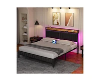 gaomon King Bed Frame with Charging Station, Led Bed Frame with Storage Headboard, Upholstered Platform Bed Frame, No Box Spring Needed