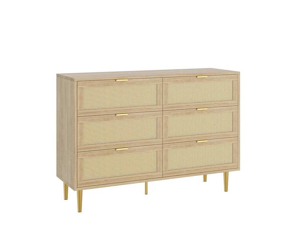 gaomon Rattan 6 Drawer Dresser, Farmhouse Wooden Chest of Drawers with 5 Metal Legs, Golden Handles, Wide Double Drawer Dresser for Bedroom