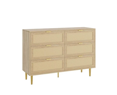 gaomon Rattan 6 Drawer Dresser, Farmhouse Wooden Chest of Drawers with 5 Metal Legs, Golden Handles, Wide Double Drawer Dresser for Bedroom