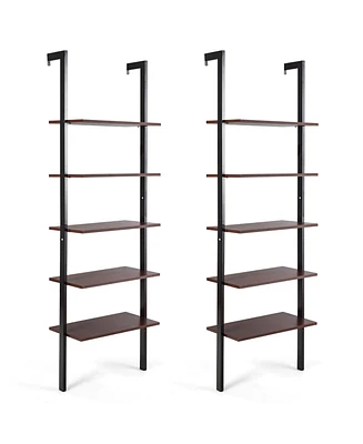 Gymax 2PCS 5-Tier Ladder Shelf Wood Wall Mounted Display Bookshelf Metal Frame Black & Brown
