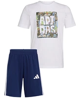 adidas Toddler & Little Boys Short-Sleeve Graphic T-Shirt 3-Stripe Shorts, 2 Piece Set