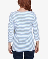 Ruby Rd. Petite Floral Embroidered Script Stripe Three Quarter Sleeve T-Shirt