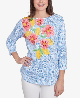 Ruby Rd. Petite Medallion Bold Floral Three Quarter Sleeve T-Shirt