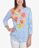 Ruby Rd. Petite Medallion Bold Floral Three Quarter Sleeve T-Shirt