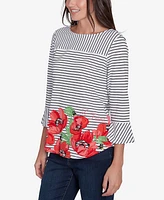 Ruby Rd. Petite Poppy Embroidered Stripe Knit Three Quarter Sleeve T-Shirt