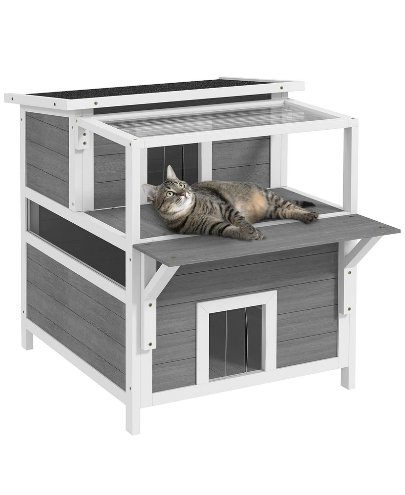 PawHut Outdoor Cat House w/ Balcony, Openable Top, Escape Door, Light