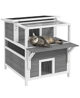 PawHut Outdoor Cat House w/ Balcony, Openable Top, Escape Door, Light