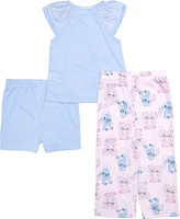 Lilo Stitch Toddler Girls Short Frill Sleeve Tank, Shorts, and Open Leg Pant, 3-Piece Pajama Set