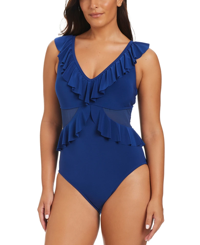 Beyond Control Women's Solid Essentials Mesh Cut-Out One-Piece Swimsuit