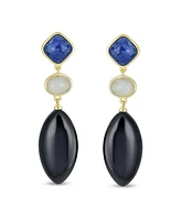 Bling Jewelry Unique Linear Long Natural Blue Lapis Black Onyx Rhombus Shape Square 3 Multi Tier Party Dangling Earrings Gold Plated