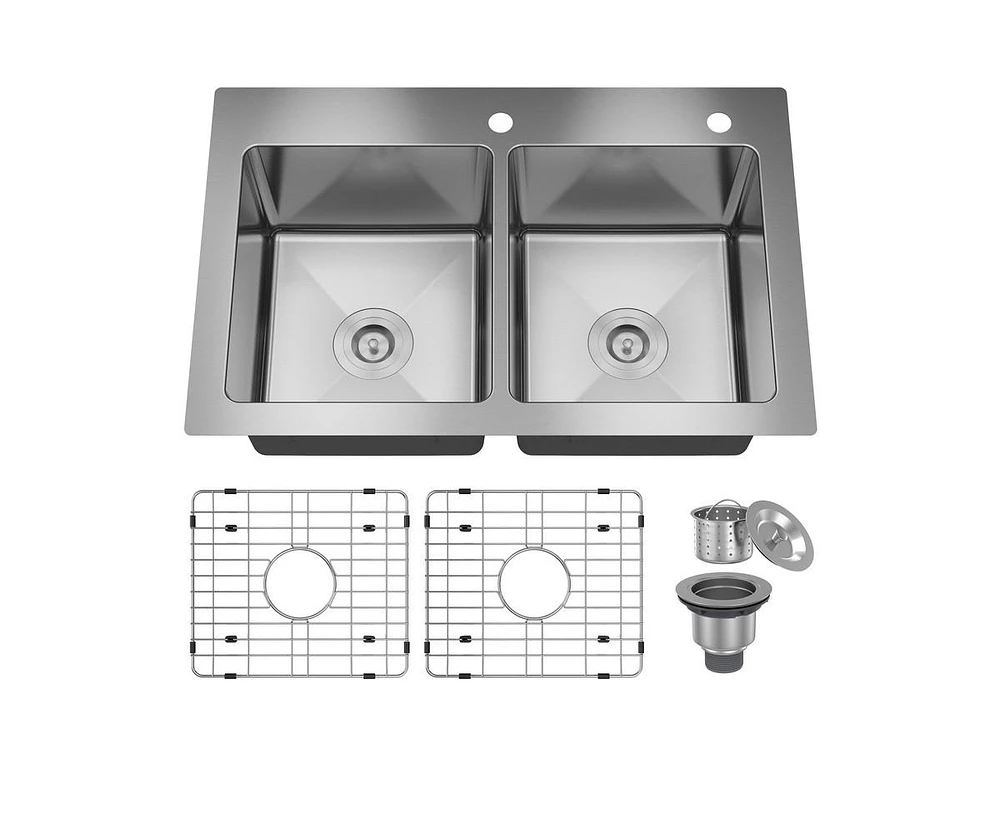 Casainc 33inch L x 22inch W Double Basin Drop-in Kitchen Sink