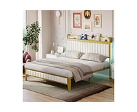 gaomon Queen Bed Frame with Charging Station, Led Bed Frame with Storage Headboard, Upholstered Platform Bed Frame, No Box Spring Needed