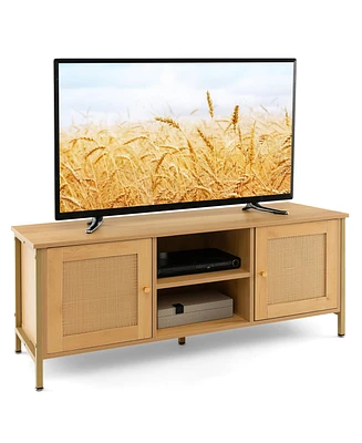 Gymax Boho Tv Stand for Tv up to 55'' w/ Faux Rattan Door Side Cabinet & Open Shelf