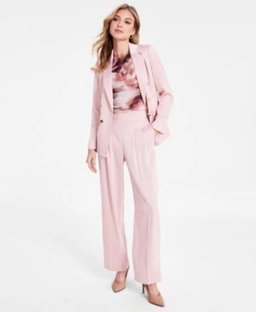 Bar Iii Womens Satin One Button Blazer Sleeveless Watercolor Mesh Top Satin Pull On Wide Leg Pants Exclusively At Macys