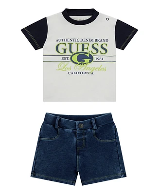 Guess Baby Boys Short Sleeve T-Shirt and Knit Denim Shorts, 2-Piece Set