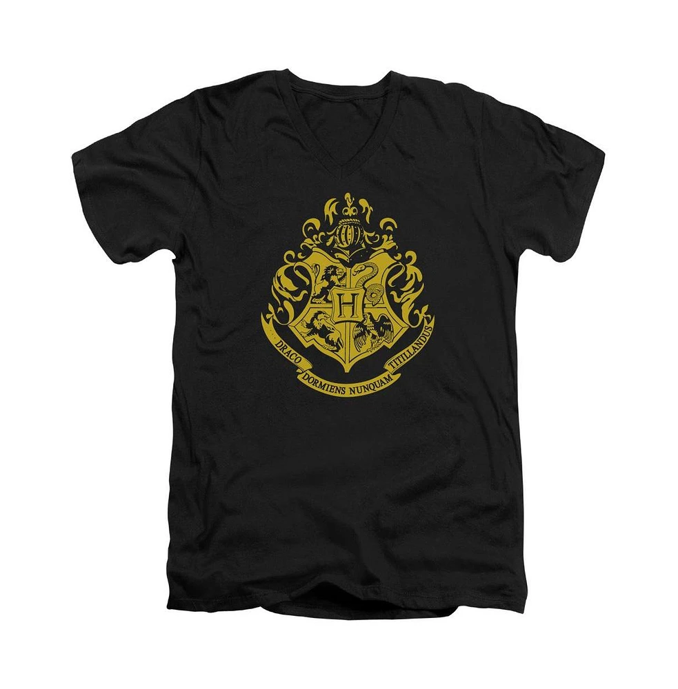 Harry Potter Mens Hogwarts Crest Short Sleeve Adult V Neck Premium Cotton Tee / T-Shirt