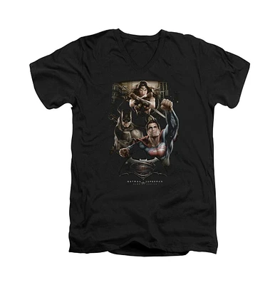 Batman V Superman Men's Three In Action Short Sleeve Adult V Neck Premium Cotton Tee / T-Shirt