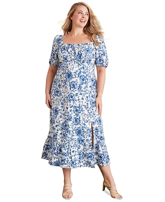 London Times Plus Printed Puff-Sleeve Maxi Dress