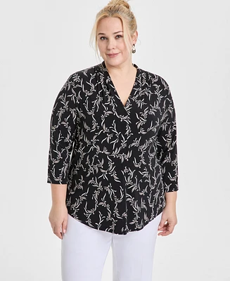 Jm Collection Plus Printed 3/4-Sleeve Top