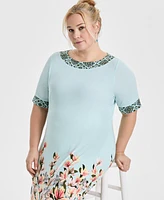 Jm Collection Plus Border-Print Short-Sleeve Shift Dress, Exclusively at Macy's
