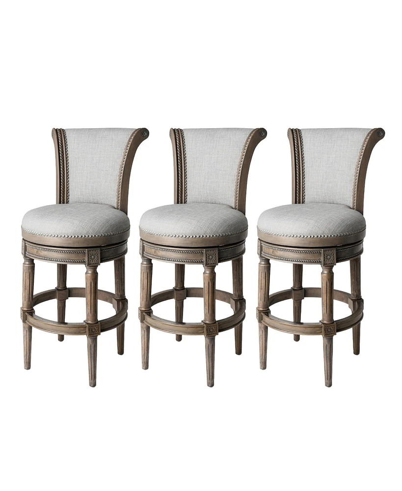 Maven Lane Pullman Bar Stool, Reclaimed Oak Finish w/ Ash Grey Fabric Upholstery, Set of 3