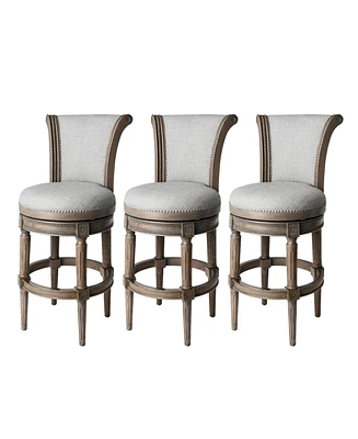 Maven Lane Pullman Bar Stool, Reclaimed Oak Finish w/ Ash Grey Fabric Upholstery, Set of 3
