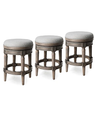 Maven Lane Pullman Backless Counter Stool in Reclaimed Oak Finish with Ash Grey Fabric Upholstery, Set of 3