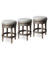 Maven Lane Pullman Backless Counter Stool in Reclaimed Oak Finish with Ash Grey Fabric Upholstery, Set of 3