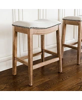 Maven Lane Adrien Saddle Bar Stool in Weathered Oak Finish w/ Sand Color Fabric Upholstery, Set of 4