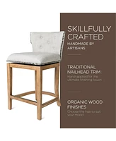 Maven Lane Hugo Counter Stool, Weathered Oak w/ Sand Fabric Upholstery, Set of 3