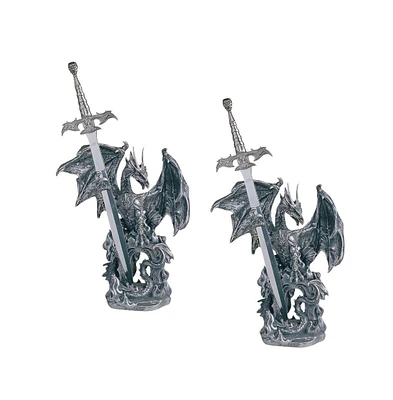 Fc Design "2-pc Set" 10"H Medieval Silver Dragon with Armor and Sword Guardian Figurine Statue Ornament Home Room Office Decor and Perfect Ideas for H