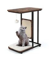 Gymax Cat Tree & C- Shaped Cat Side Table w/ Scratching Board Hanging Toy Rustic