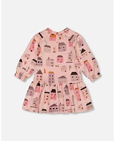 Deux par Baby Girls Printed French Terry Dress Pink And Coral Houses