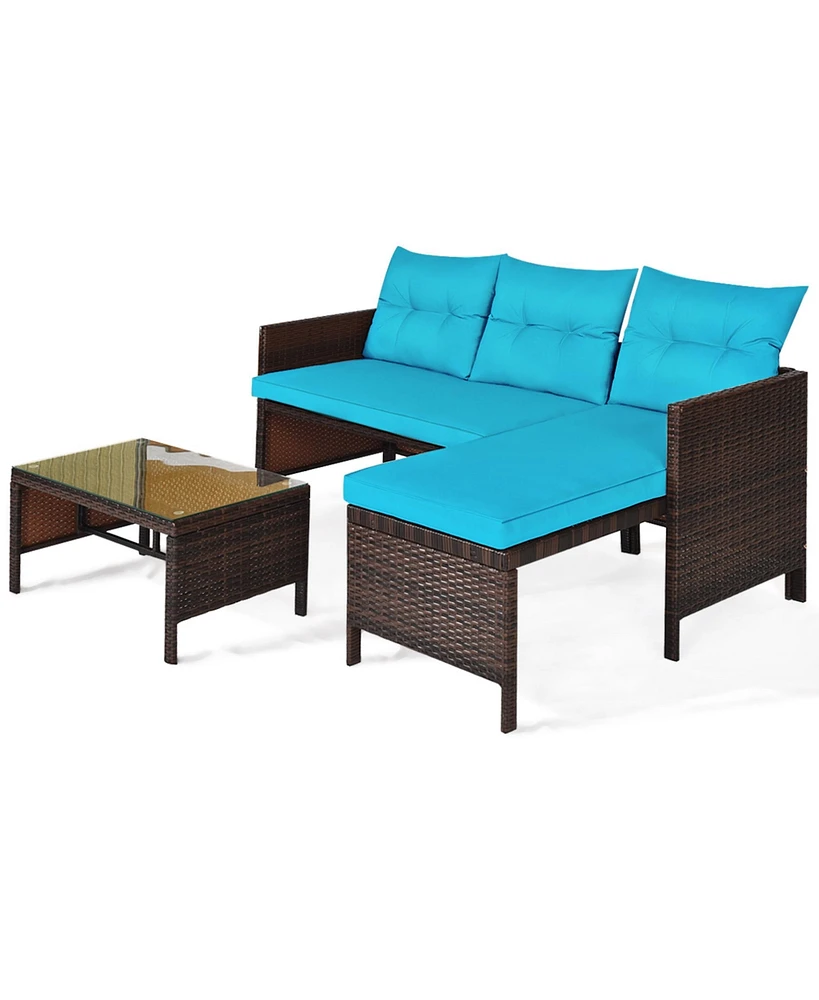 Gymax 3PCS Outdoor Rattan Furniture Set Patio Couch Sofa Set w/ Turquoise Cushion