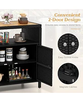 Gouun Rattan Storage Cabinet with Acacia Wood Countertop for Poolside Deck and Patio