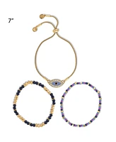 Jessica Simpson Multi-Color Beaded Bracelet Set with Evil Eye Charm - Boho Chic Stackable Bracelets