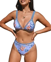 Cupshe Women's Blue Rose Triangle Bikini Top & Standard Bottoms Set