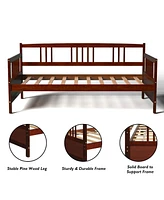 Gymax Twin Wooden Slats Daybed Frame Support Platform W/Rails Cherry