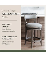 Maven Lane Alexander Counter Stool in Reclaimed Oak w/ Ash Grey Fabric, Set of 3