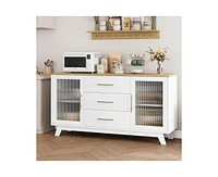 gaomon Coffer Bar Cabinet with 2 Fluted Glass Doors, 56" Modern Sideboard Buffet 3 Drawers, White Large Storage for Kitchen Dinin