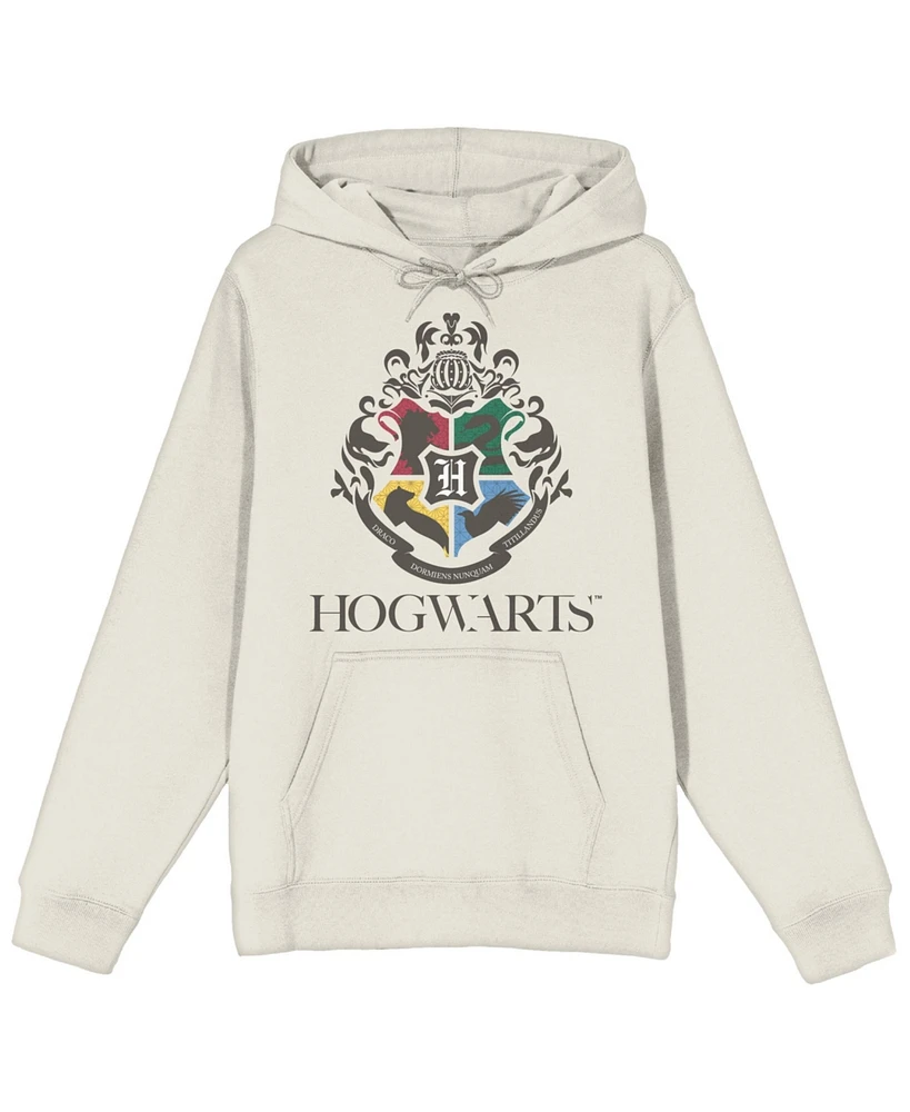 Harry Potter Minimal Hogwarts Crest Long Sleeve Natural Adult Hooded Sweatshirt-xl