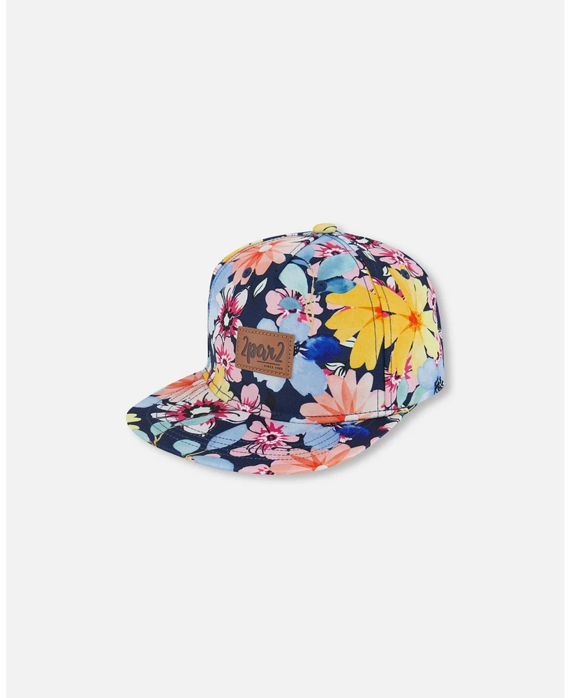 Deux par Deux Baby Girls Printed Cap Navy And Yellow And Pink Flowers