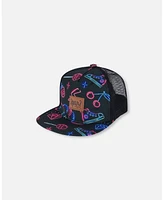 Deux par Deux Baby Girls Printed Cap Black And Blue And Pink Items