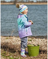 Deux par Deux Baby Girls Printed Jersey Detachable Pompom Hat Small White Flowers On Turquoise And Lilac