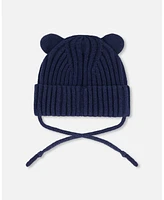 Deux par Deux Baby Unisex Knit Hat With Strings Navy Blue