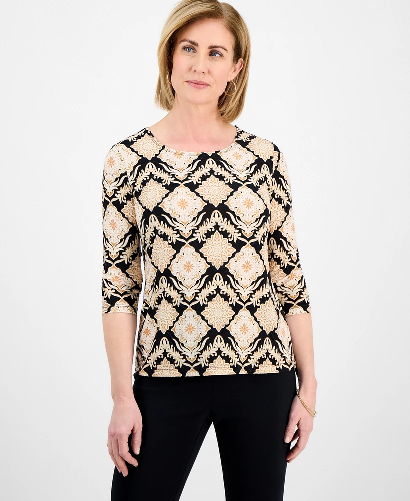 Jm Collection Petite Adriana Azulejos 3/4-Sleeve Jacquard Top, Exclusively at Macy's